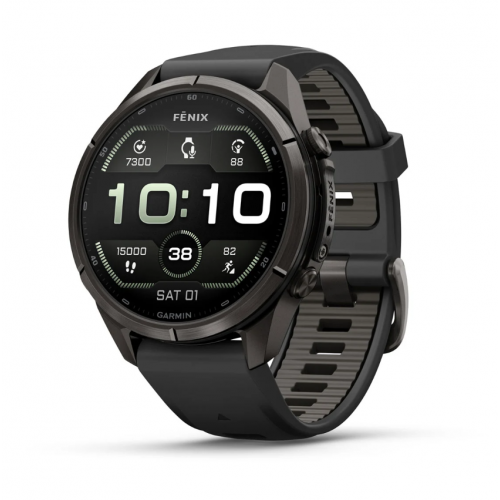 Garmin Fenix 9 Pro 43mm AMOLED Carbon Gray DLC Titanium with Black/Pebble Gray Silicone Band 010-04335-15